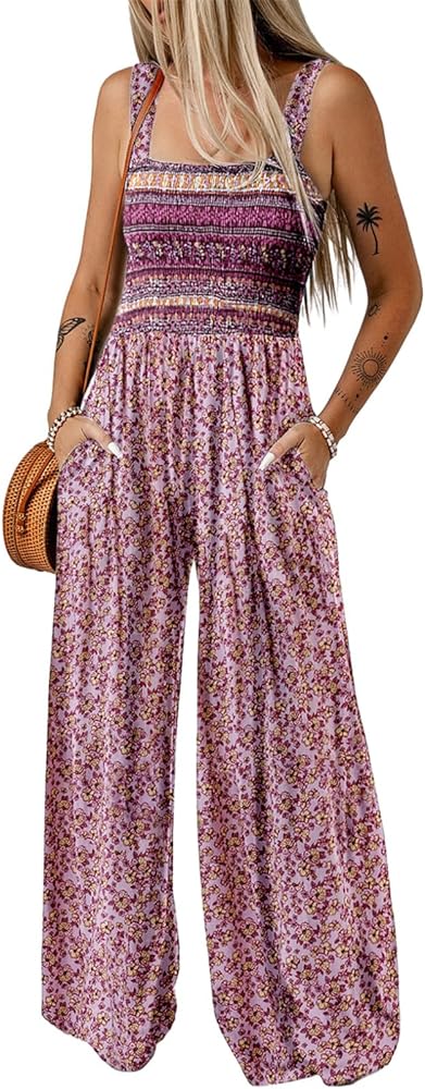 Dokotoo Women's Casual Loose Overalls Jumpsuits One Piece Sleeveless Printed Wide Leg Long Pant Rompers With Pockets