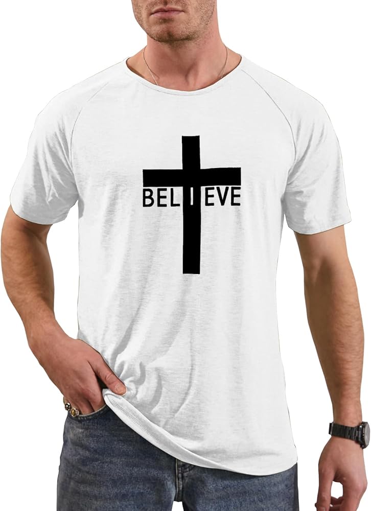 Men's Short Sleeve Crewneck Graphic Tee Believe Cross Print Christian Shirts Workout Shirts