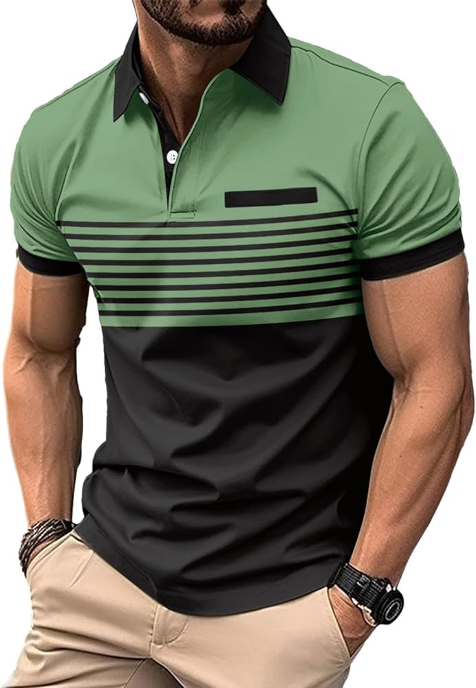 Mens Fashion Color Block Polo Shirts Casual Short Sleeve T Shirt Striped Moisture Wicking Golf Shirts Tops