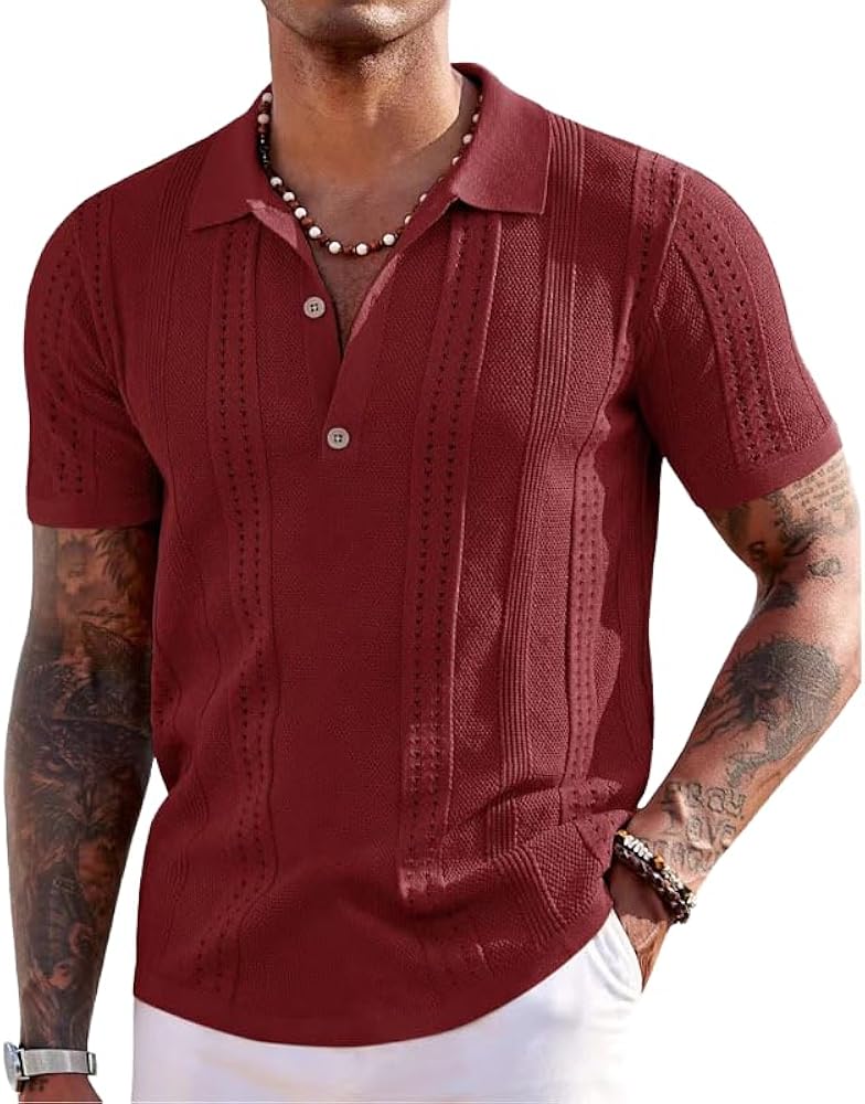 Men's Knit Polo Shirts Short Sleeve Button Down Polo Shirt Fashion Casual Soft Golf Shirts Knitted Golf T-Shirts