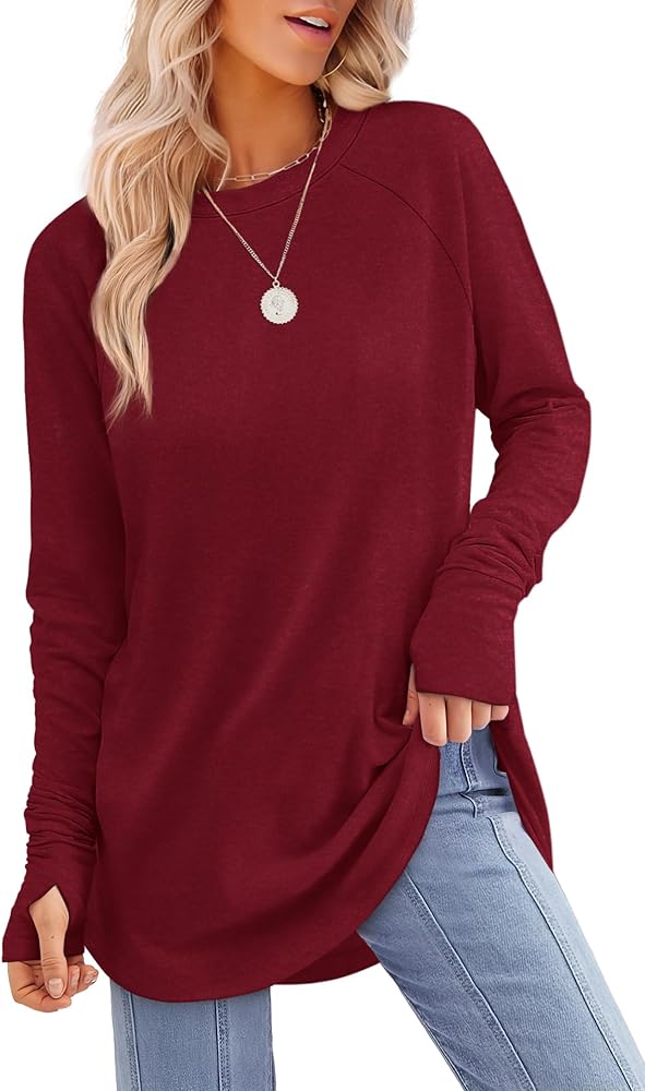 XIEERDUO Womens Tunic Tops to Wear with Leggings Long Sleeve Thumb Hole Shirts Crew Neck Curved Hem