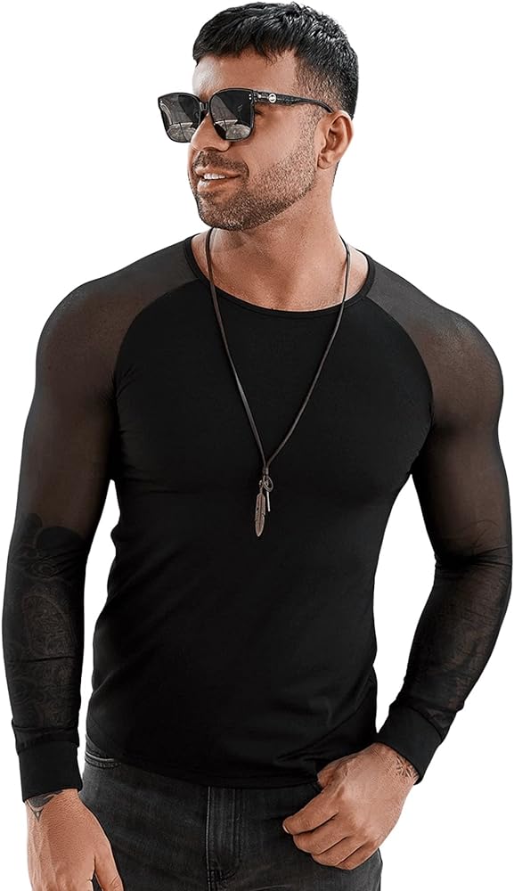 Verdusa Men's Round Neck Mesh Long Sleeve Slim Fit Semi Sheer Tee Shirt Clubwear Top