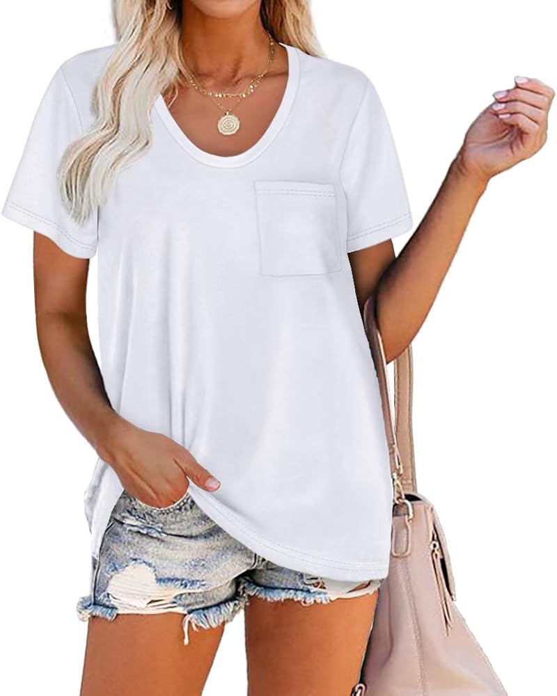 WIHOLL Women Summer T Shirts Short Sleeve Rounded V Neck Pocket Tee Tops