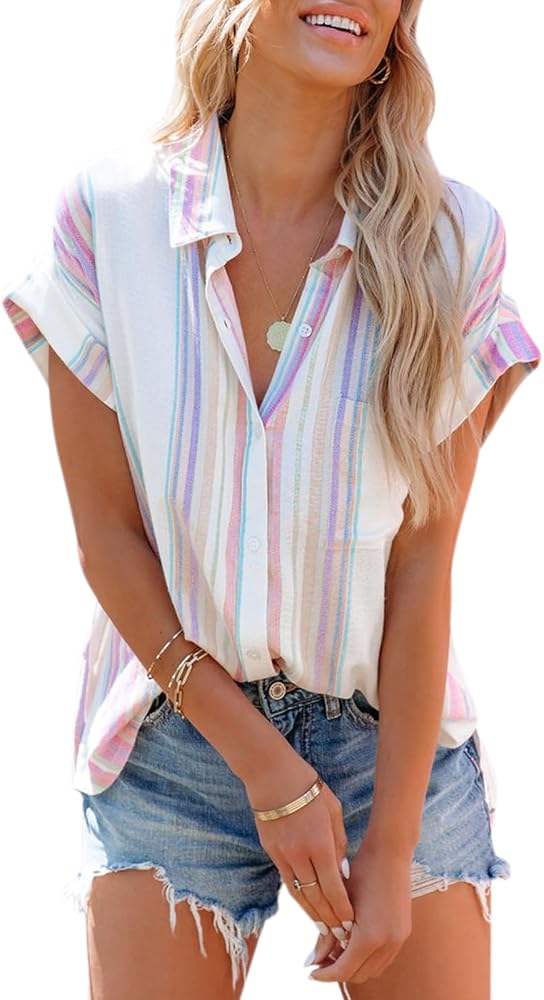 Womens Button Down Shirts Short Sleeve Summer Linen V Neck Collared Stripes Casual Blouses Tops with Pocket