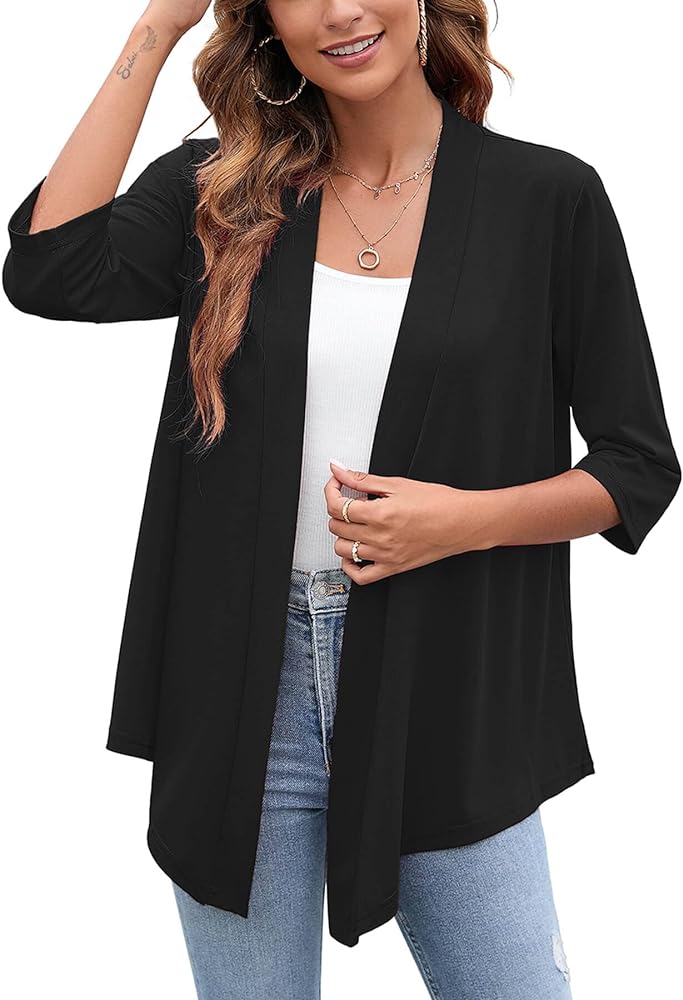 Heymoments Women's Lightweight Open Front Cardigans 3/4 Sleeve Casual Soft Drape Fall Cardigan S-2XL