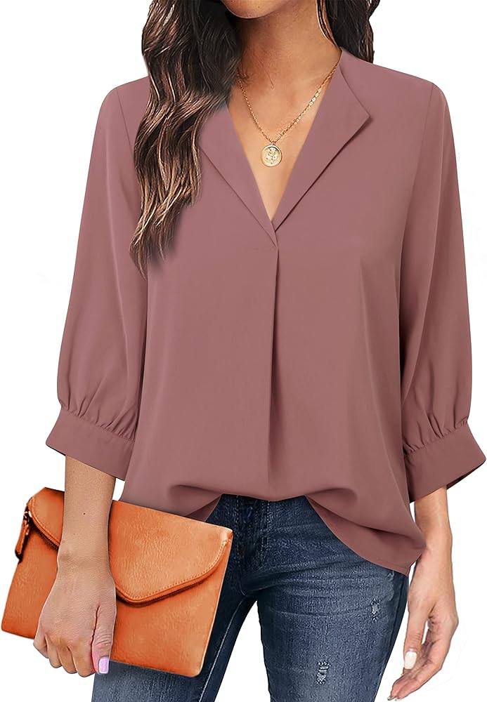 Unixseque Women's Casual Chiffon V Neck 3/4 Sleeve Business Tops Loose Work Blouses