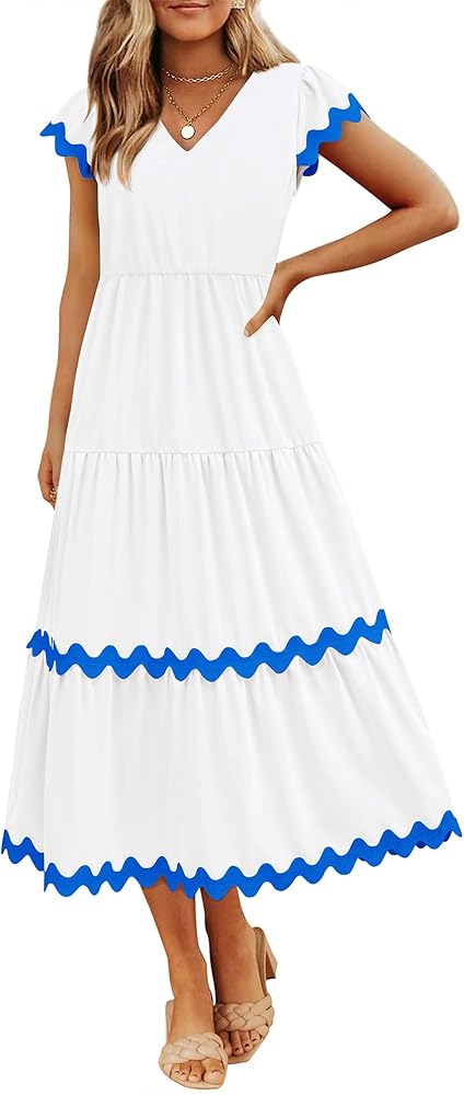 BTFBM Womens Summer Dresses 2024 V Neck Cap Sleeve Ric Rac Loose Tiered A-Line Beach Vacation Midi Dress with Pocket