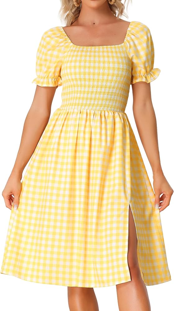 Allegra K Gingham Smocked Dress for Women's Square Neck Side Slit Casual Plaid Dresses