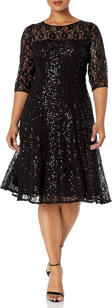 S.L. Fashions Women's Plus Size Lace and Sequin Fit and Flare Dress