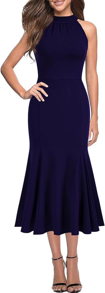 WOOSEA Womens Sleeveless Halter Neck Bodycon Mermaid Cocktail Party Midi Dresses