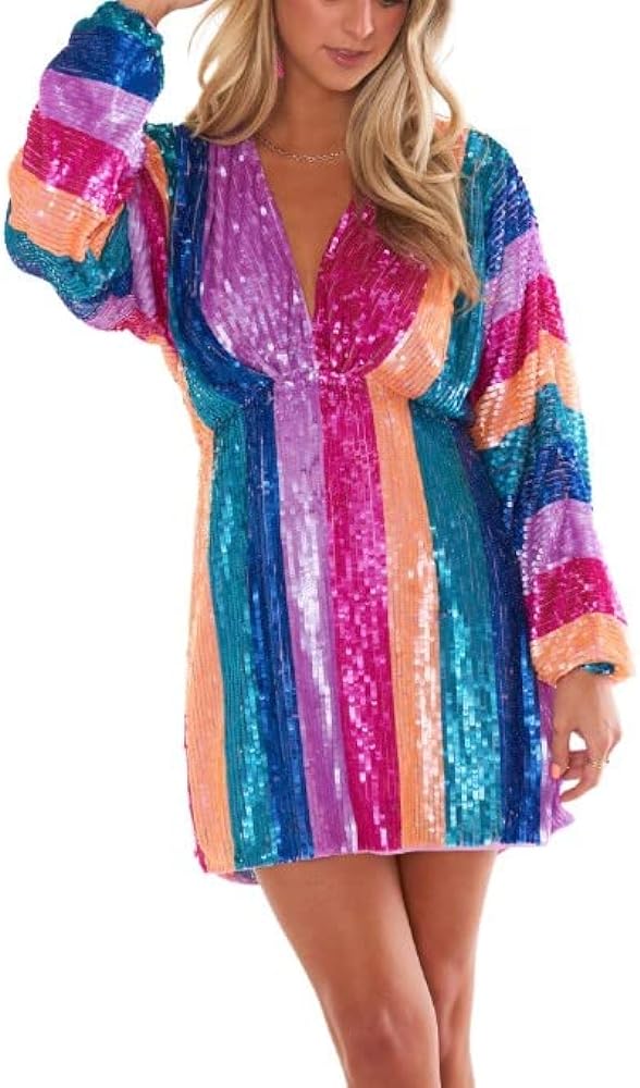 Show Me Your Mumu womens Shimmy Mini Cocktail Dress, Neon Stripe Sequins, Medium