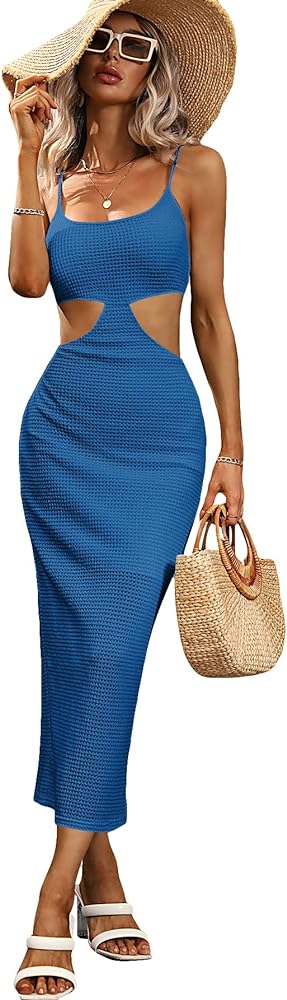 Milumia Waist Cut Out Midi Dress High Waist Pencil Bodycon Backless Sleeveless Summer Dresses for Women