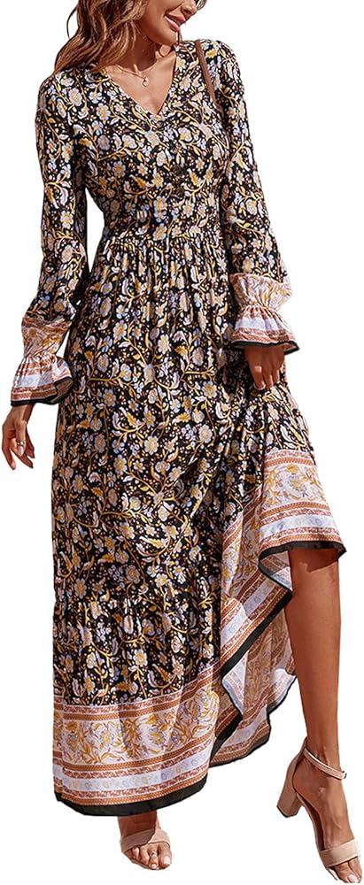 PRETTYGARDEN Long Sleeve Maxi Dress for Women V Neck Casual Button Down Boho Long Floral Dresses