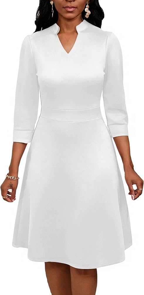 Women's Casual Wrap Midi Dress A-Line Swing V-Neck 3/4 Sleeve Flared Dress for Wedding Guest Cocktail Party