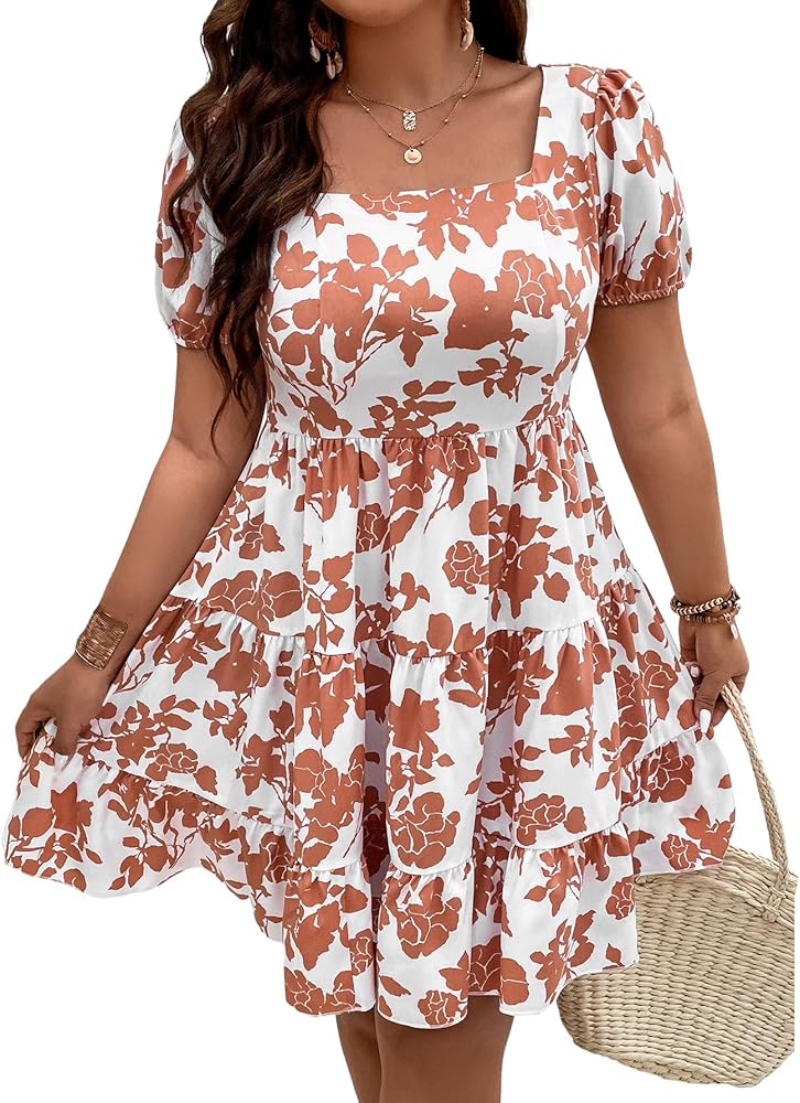 Floerns Women's Plus Size Boho Square Neck Puff Short Sleeve Ruffle Hem A Line Dress