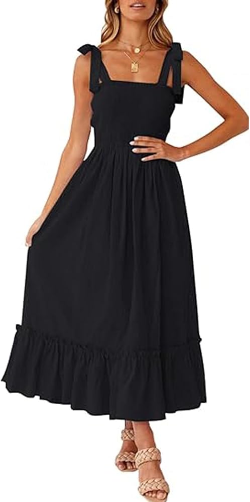 Women's Summer Boho Spaghetti Strap Dresses Cute Square Neck Solid Color Waist Ruffle A Line Flowy Long Maxi Dress