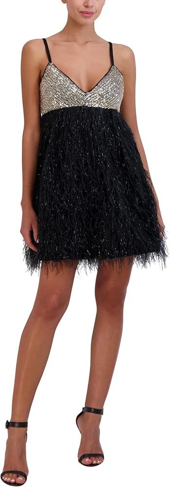 BCBGMAXAZRIA Women's Sleeveless V Neck Sequin Feathered a Line Mini Dress