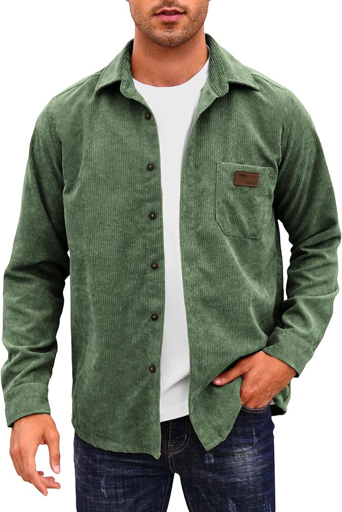 Lightweight Corduroy Button Down Jacket For Men Long Sleeve Work Shirts Shackets with Pocket