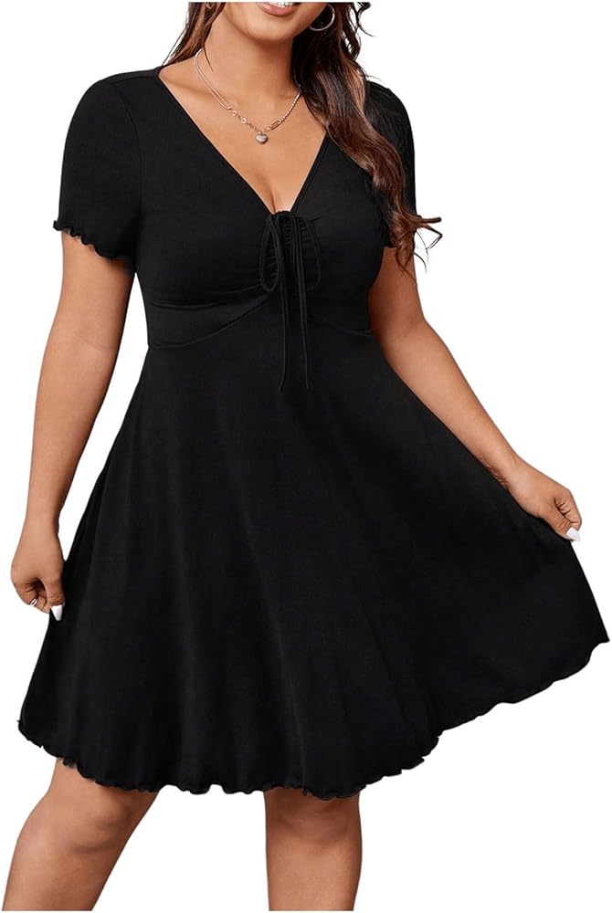 SOLY HUX Women's Plus Size V Neck Flowy Dress Short Sleeve Ribbed Summer Beach Dresses