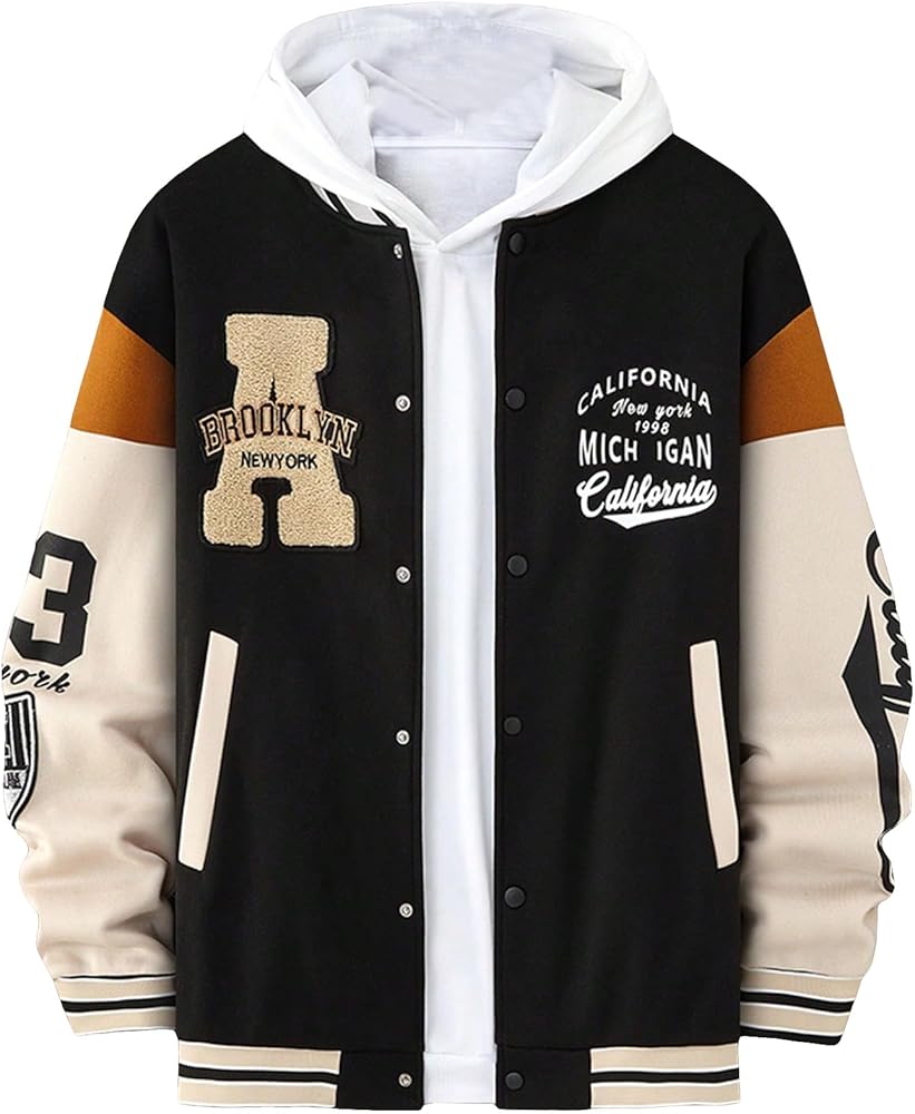 GORGLITTER Men's Letter Graphic Color Block Baseball Jacket Button Front Long Sleeve Bomber Jackets