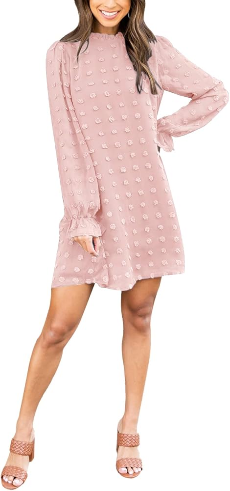 Adibosy Women Dress Long Sleeve: Flowy Wedding Guest Casual Mini Dresses for Womens Swiss Dot Chiffon Short Dress