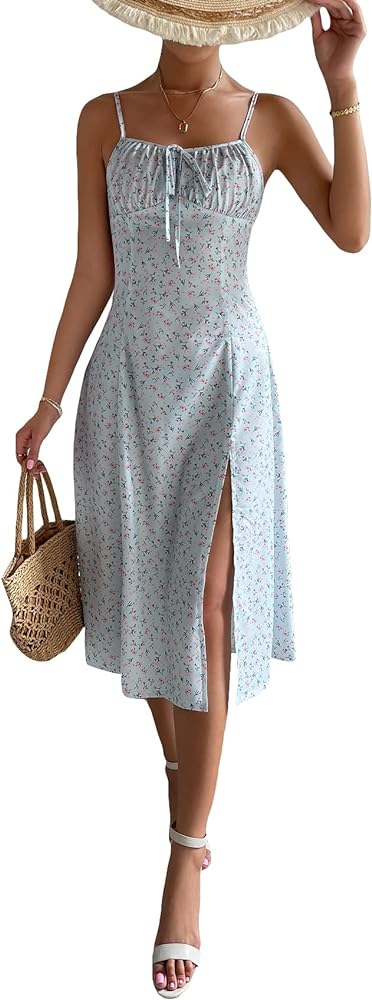 Floerns Women's Floral Print Self Tie Front Ruched Bust Split Thigh Midi Dress