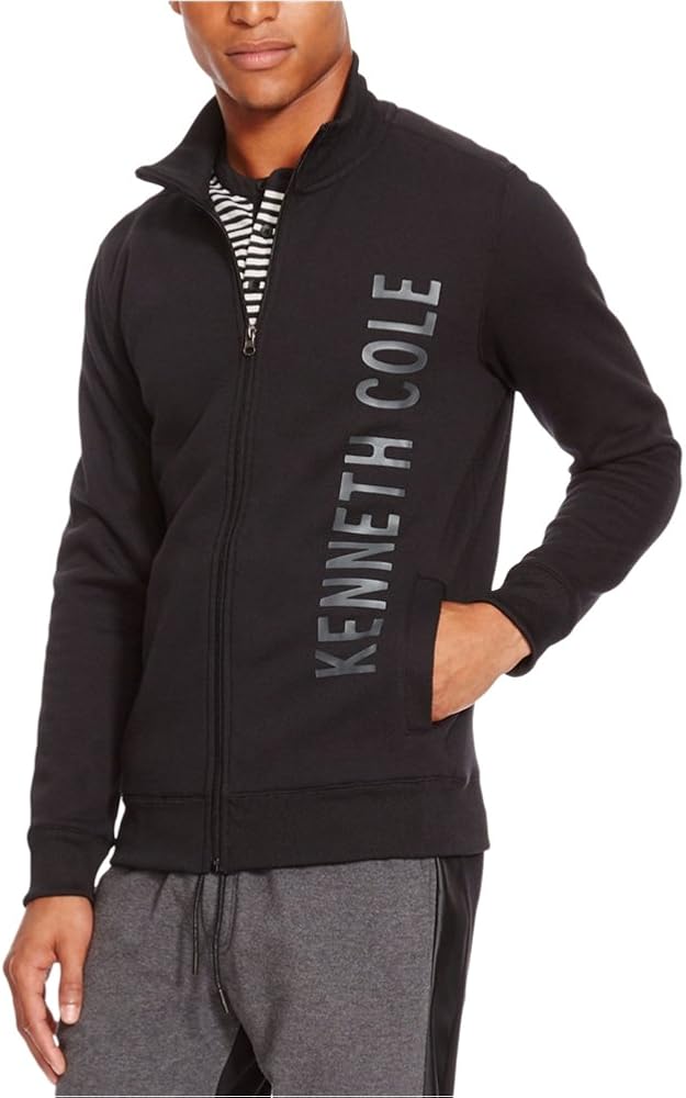 Kenneth Cole REACTION Men's Full Zip Logo Long Sleeve Knit, Black, Small