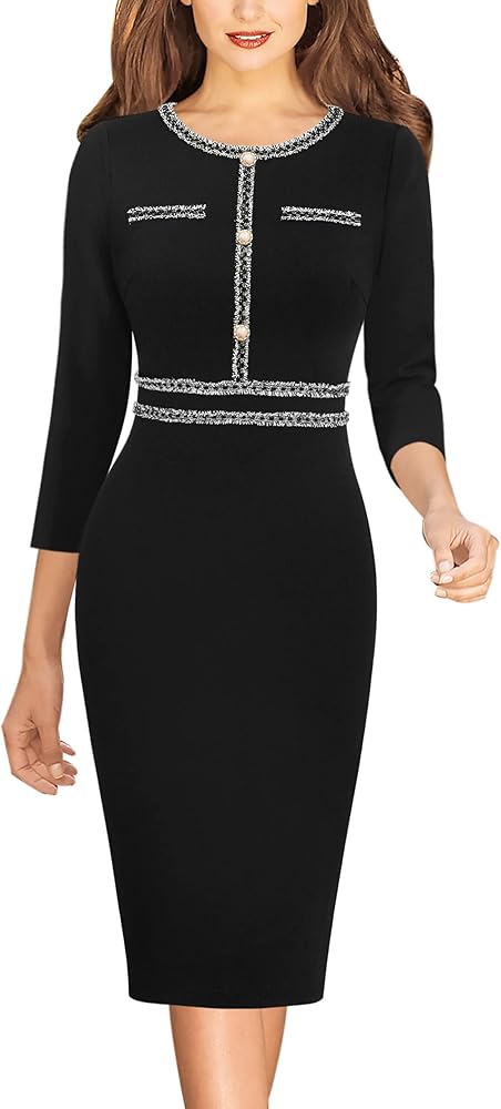 VFSHOW Womens Business Button Crew Neck Fitted Wear to Work Office Patchwork Pencil Sheath Dress