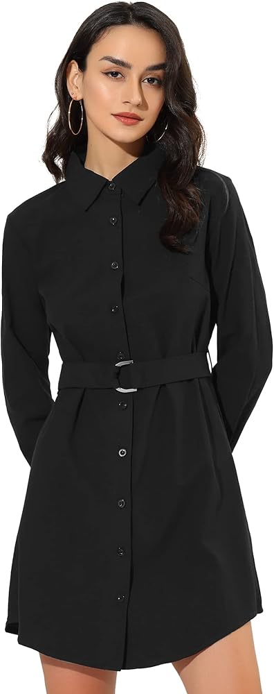 Allegra K Women's Belted Roll Up Sleeve Button Up Collared Shirt Dress