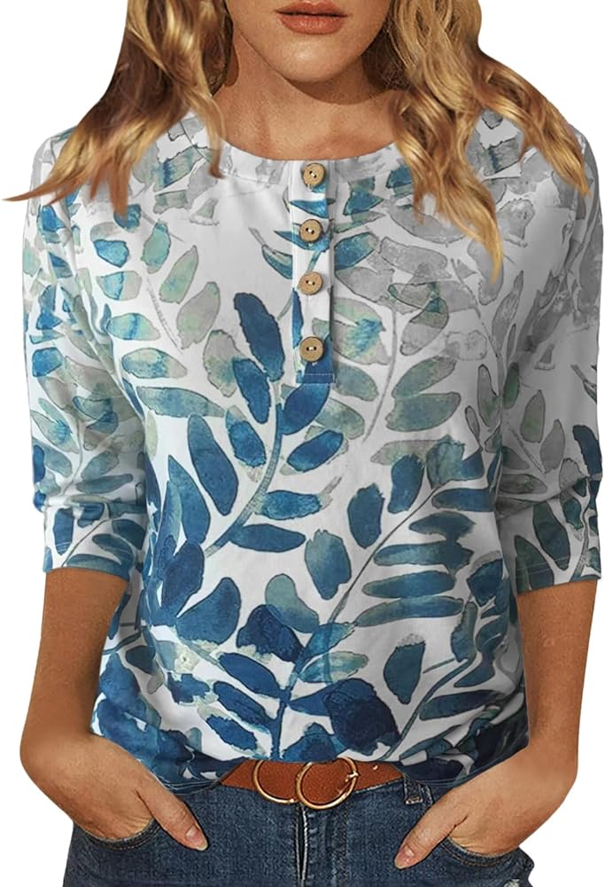 Womens Tops Casual 3/4 Sleeve Shirts Crew Neck Loose Casual Blouses Floral Print Tshirts