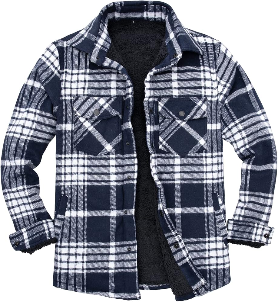 ZENTHACE Men's Sherpa Lined Flannel Shirt Jacket,Long Sleeved Brushed Plaid Flannel Shacket Jackets,Snap Button