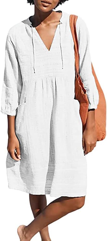 Womens V Neck Cotton Casual Loose Shift Tunic Smock Summer Dresses Vacation Dress 3/4 Sleeve Pocket