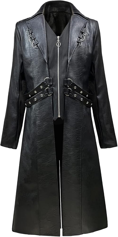 Men's Faux Leather Motorcycle Trench Coat Black Long Punk Jacket