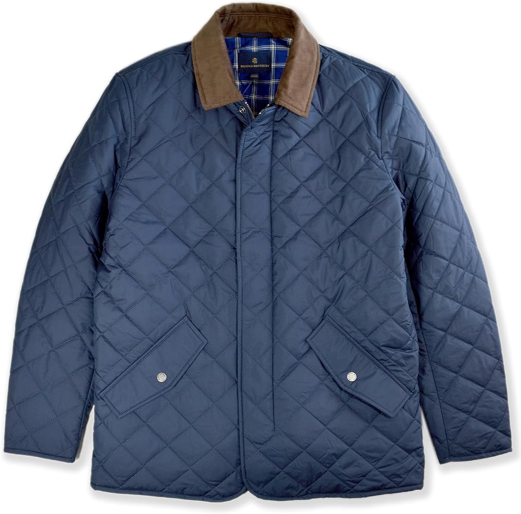 Brooks Brothers Mens Diamond Quilted Thermore Down Paddock Coat Jacket Corded Collar, (Medium, 165016 Navy/Chestnut)