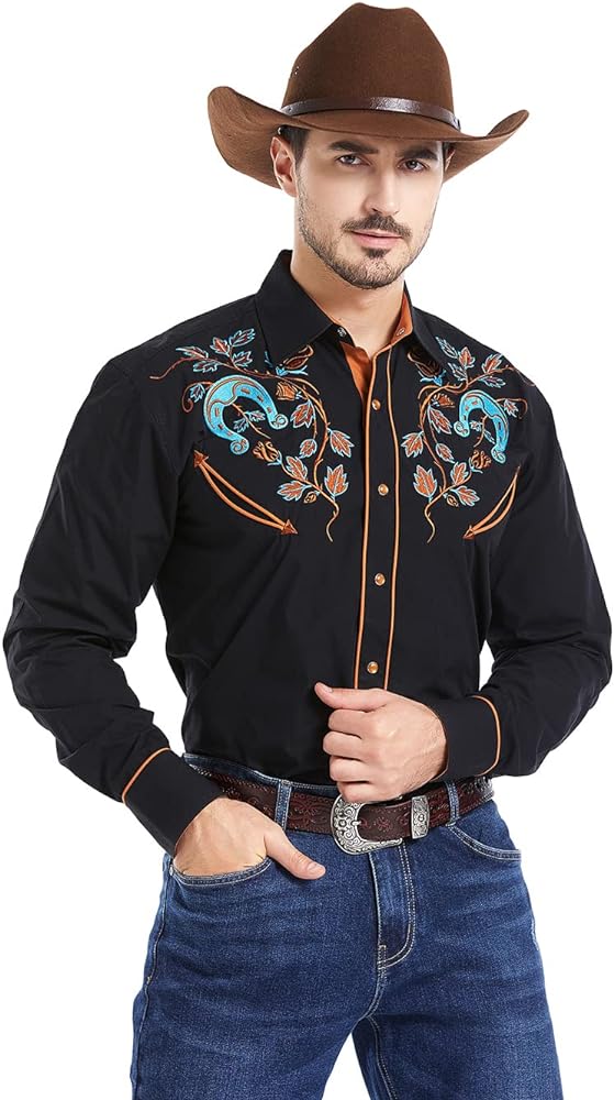 Men's Floral and Horseshoe Embroidered Long Sleeve Retro Western Cowboy Shirt