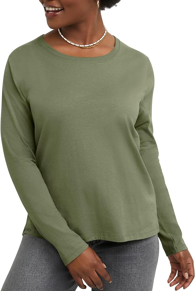 Hanes Womens Originals Long Sleeve Cotton T-shirt, Lightweight Crewneck Tee, Modern Fit