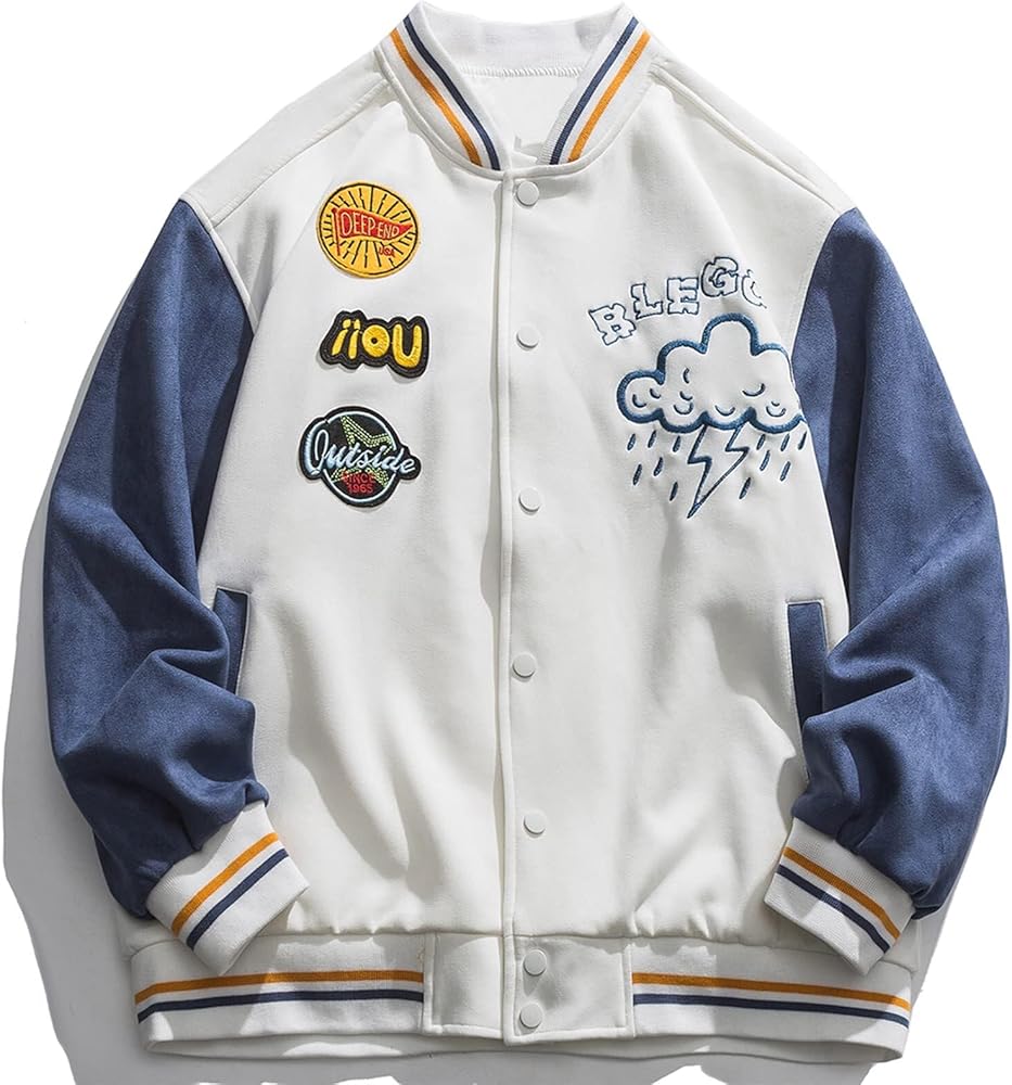 Vamtac Mens Varsity Jacket Vintage Streetwear Letterman Jackets Graphic Bomber Baseball Jacket Unisex White