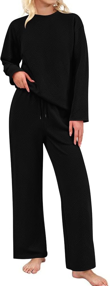 PRETTYGARDEN 2 Piece Outfits For Women Casual Tracksuit Long Sleeve Pullover Tops And Wide Leg Long Pants Matching Lounge Set