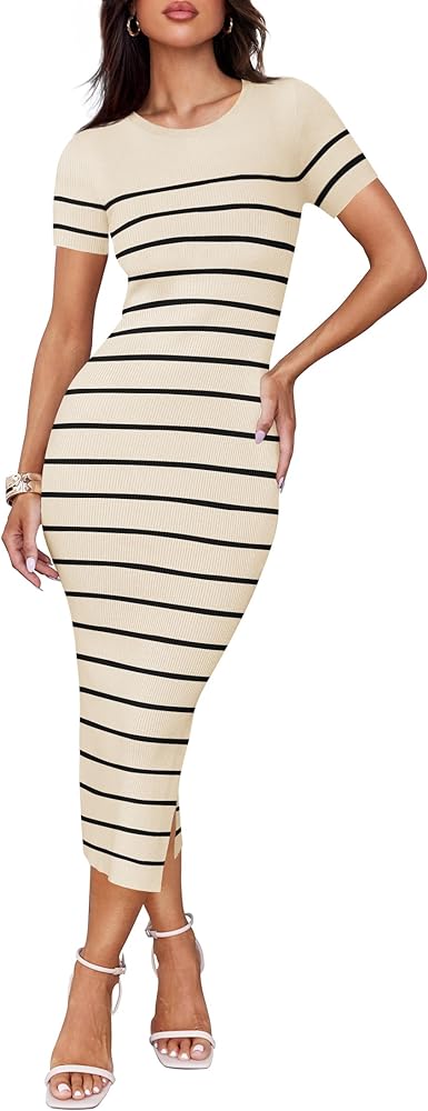 ZESICA Women's Summer Bodycon Midi Dress 2024 Striped Short Sleeve Ribbed Knit Slim Fit Side Slit T Shirt Dresses