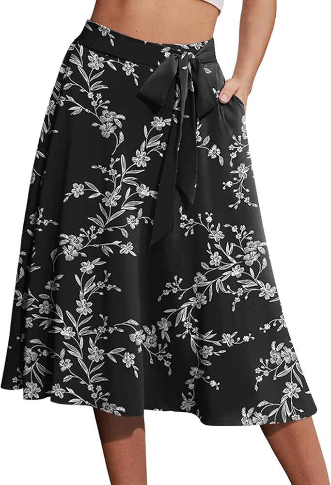 Yincro Women's A-Line Midi Skirt with Pockets High Waist Flared Below The Knee Skirts