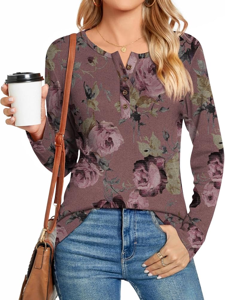 Aodemo Women's Fall Long Sleeve Henley Tops Button Up Tunic Casual Loose Winter Blouse For Leggings