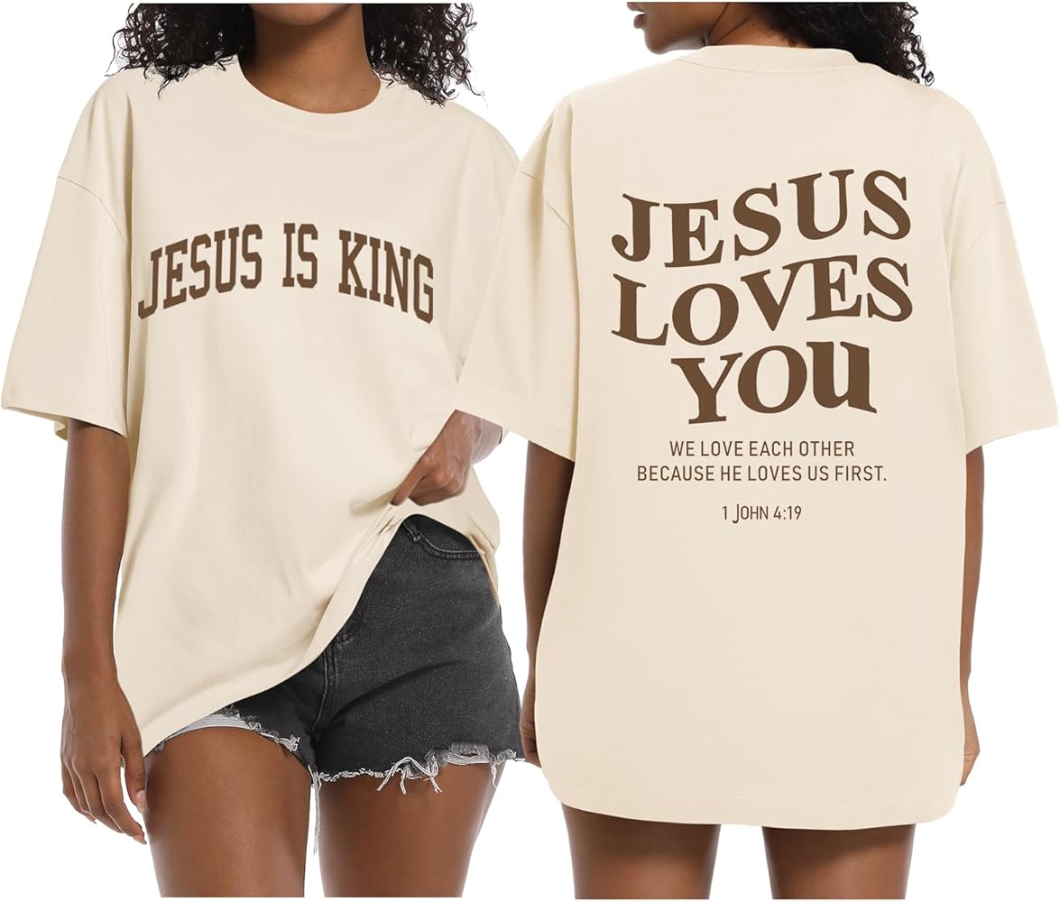 Christian Oversized Shirts for Women Jesus is King Jesus Loves You T Shirt Faith Religious Inspirational Tees Tops