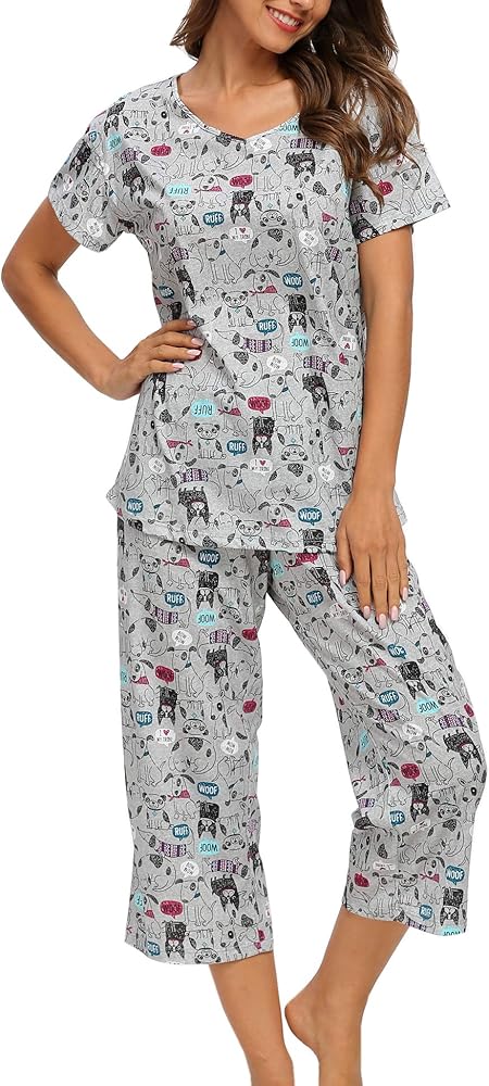 ENJOYNIGHT Women's Pajama Sets Cotton Sleepwear Tops with Capri Pants Cute Pjs