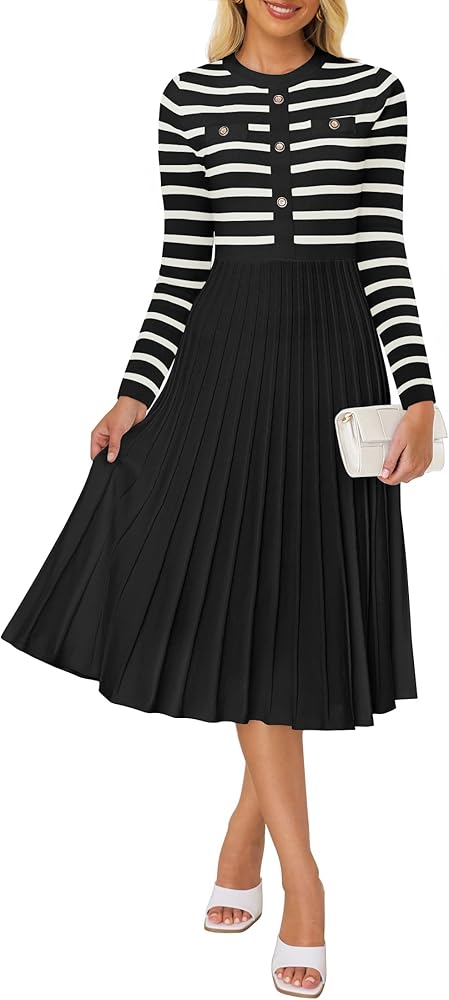 ZESICA Womens Long Sleeve Striped Midi Dresses Crewneck Button Ribbed Knit Pleated A Line Swing Sweater Dress