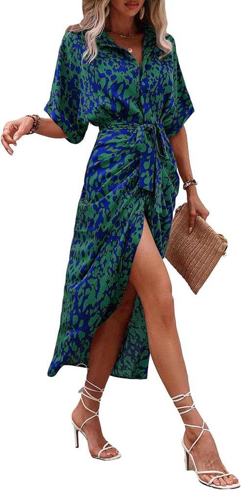 MakeMeChic Women's High Waist Button Down Belted Long Dress Printed Split Shirt Dress