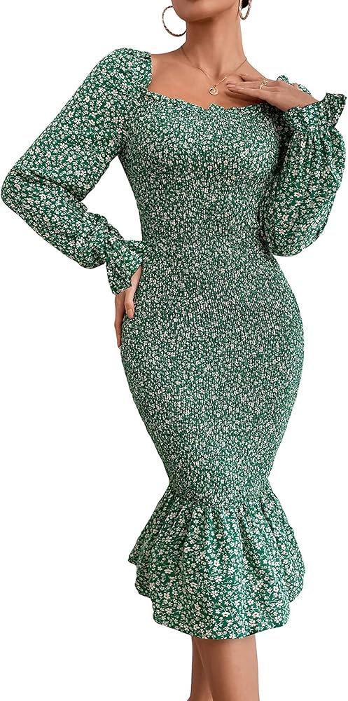 PRETTYGARDEN Women's Long Puff Sleeve Floral Midi Bodycon Dresses Square Neck Ruffle Mermaid Smocked Dress