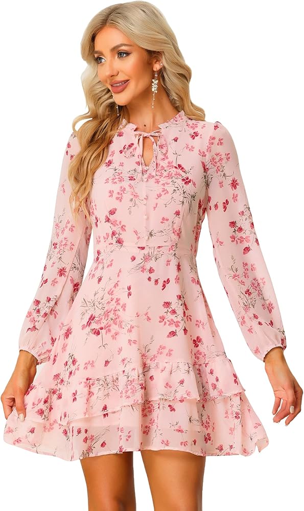 Allegra K Women's Summer Floral Tie V Neck 2024 Semi Sheer Long Sleeve Layered Tiered Chiffon Mini Dress