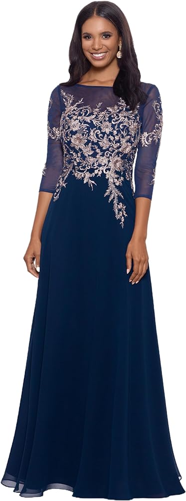 Betsy & Adam Women's Long 3/4 Sleeve Embroidered Chiffon Gown