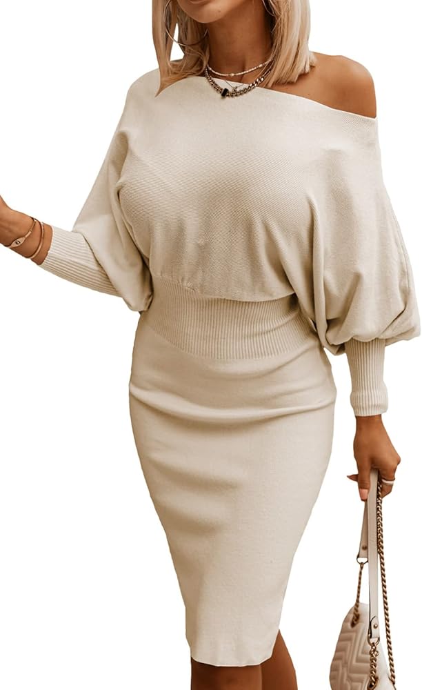 Dokotoo Women's Elegant Off Shoulder Long Lantern Sleeve Sweater Dress Elastic Waist Bodycon Mini Dresses