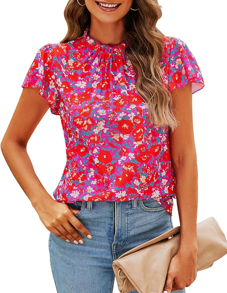 SimpleFun Women Boho Shirts Floral Ruffle Short Sleeve Mock Neck Flowy Casual Summer Blouses Tops